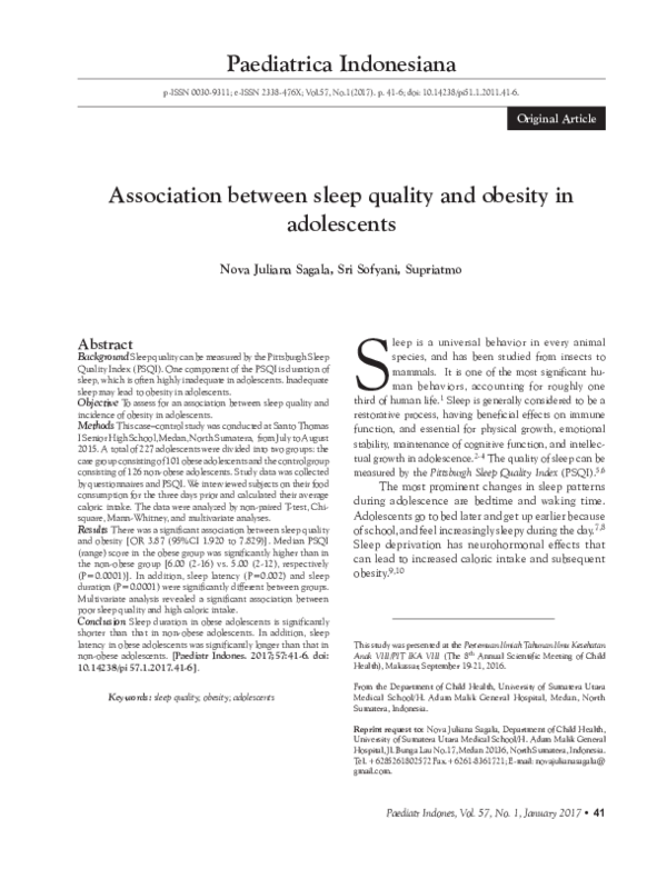 (PDF) Association between sleep quality and obesity in adolescents