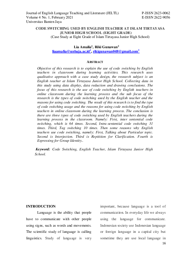 (PDF) Code Switching Used by English Teacher at Islam Tirtayasa Junior ...