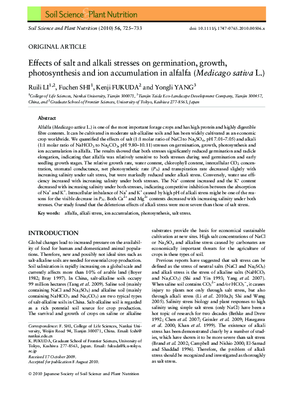 (PDF) Effects of salt and alkali stresses on germination, growth ...