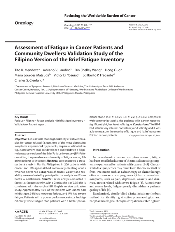 (PDF) Assessment of fatigue in cancer patients and community dwellers ...