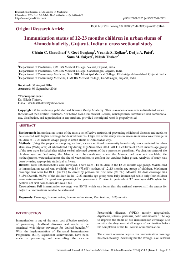 (PDF) Immunization status of 12-23 months children in urban slums of ...
