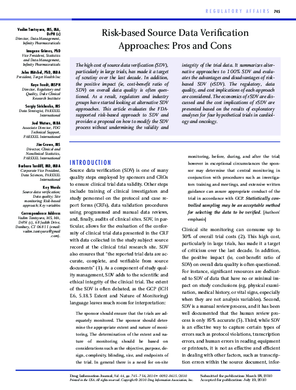 (PDF) Risk-Based Source Data Verification Approaches: Pros and Cons