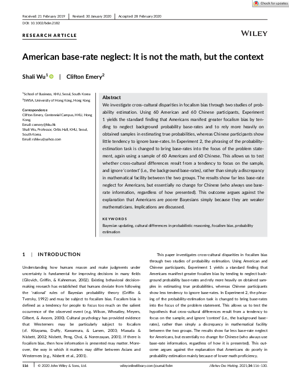 (PDF) American base-rate neglect: It is not the math, but the context