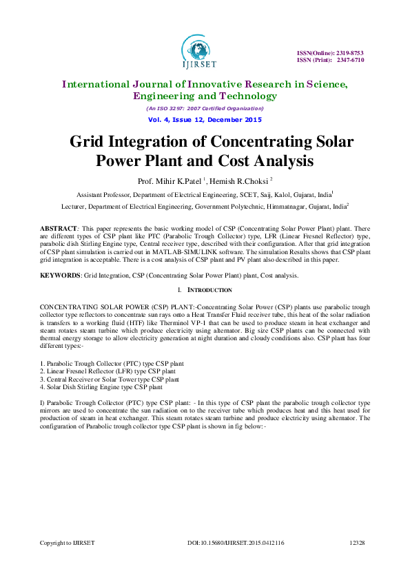 (PDF) Grid Integration of Concentrating Solar Power Plant and Cost Analysis