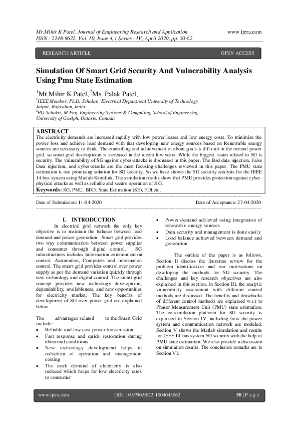 (PDF) Simulation Of Smart Grid Security And Vulnerability Analysis ...