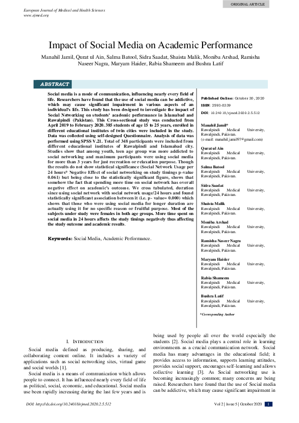 (PDF) Impact of Social Media on Academic Performance