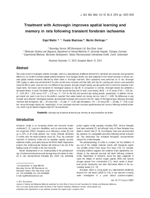 (PDF) Treatment with Actovegin improves spatial learning and memory in ...