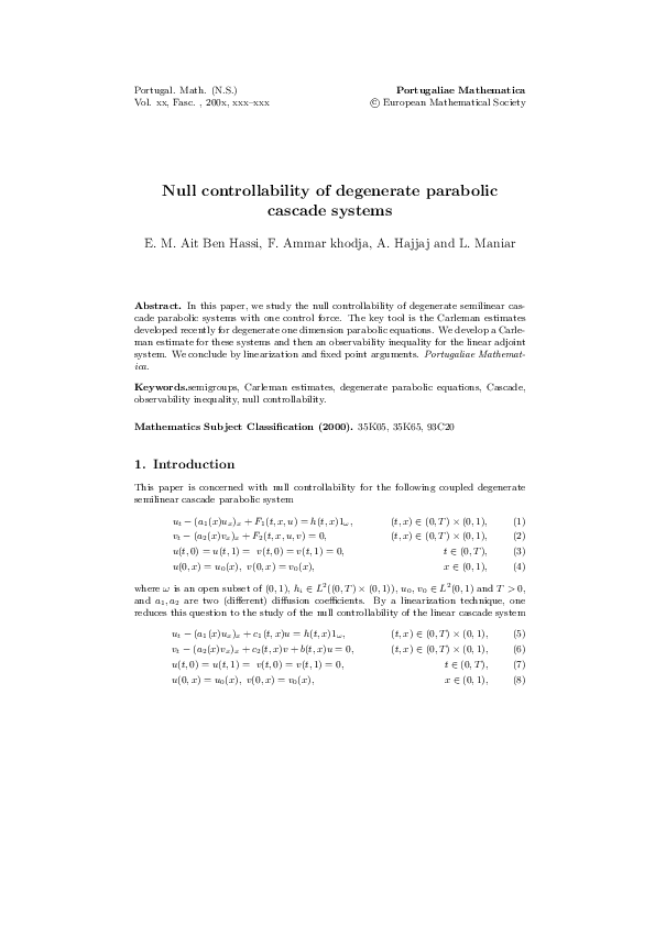 (PDF) Null controllability of degenerate parabolic cascade systems