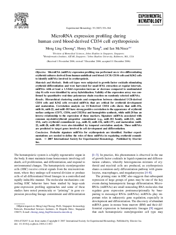 (PDF) MicroRNA expression profiling during human cord blood-derived ...