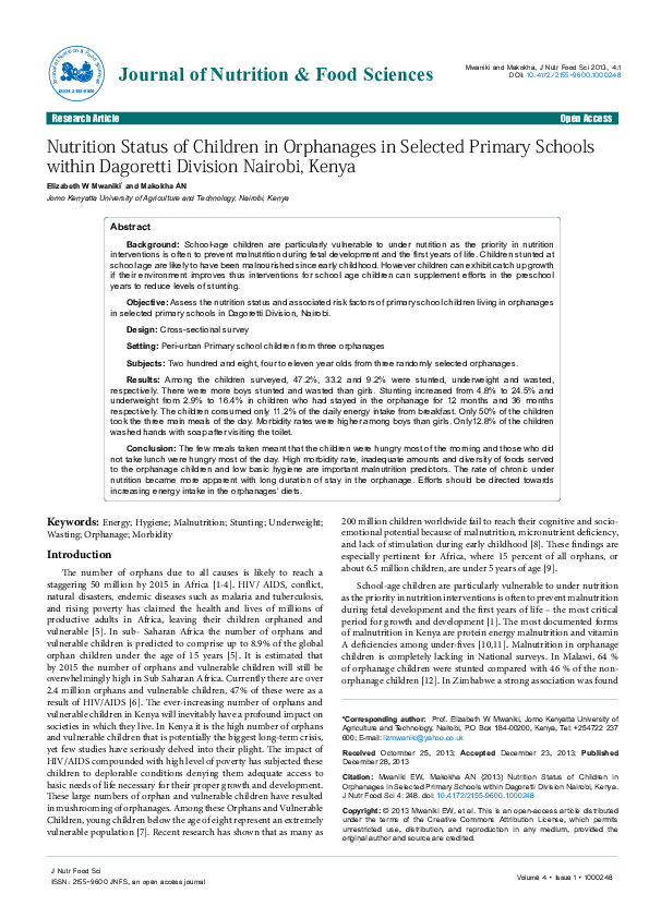 (PDF) Nutrition Status of Children in Orphanages in Selected Primary ...