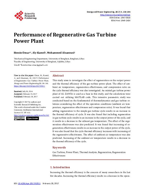(PDF) Performance of Regenerative Gas Turbine Power Plant