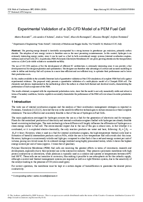 (PDF) Experimental Validation of a 3D-CFD Model of a PEM Fuel Cell