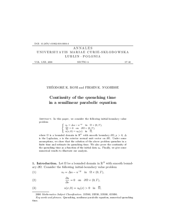 (PDF) Continuity of the quenching time in a semilinear parabolic equation