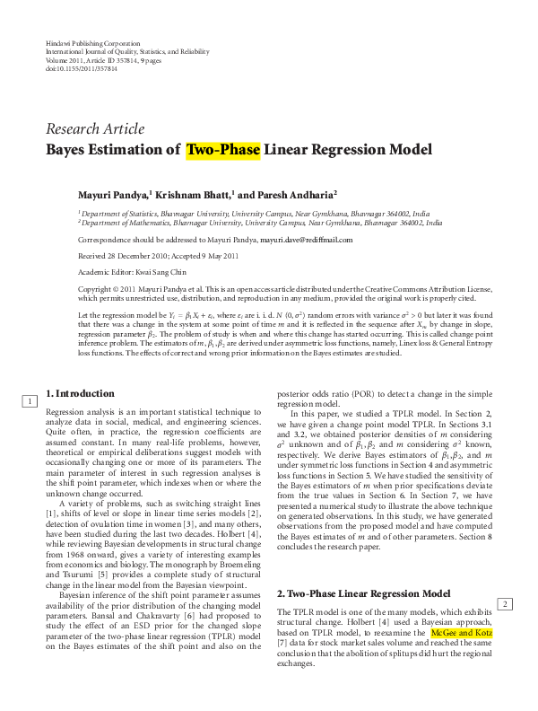 (PDF) Bayes estimation of two-phase linear regression model
