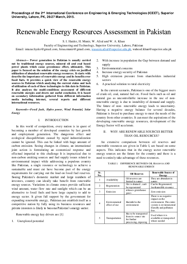 (PDF) Renewable Energy Resources Assessment in Pakistan