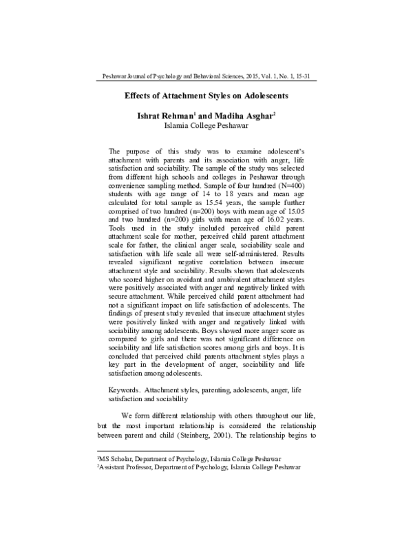 (PDF) Effects of Attachment Styles on Adolescents