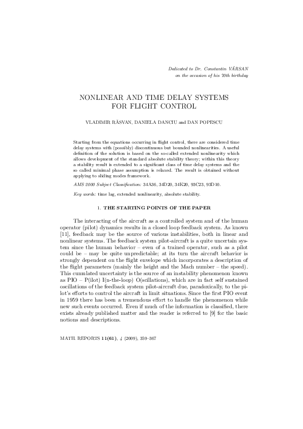 (PDF) Nonlinear and time delay systems for flight control