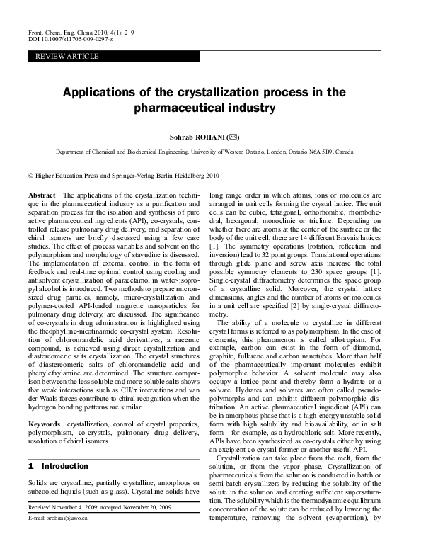 (PDF) Applications of the crystallization process in the pharmaceutical