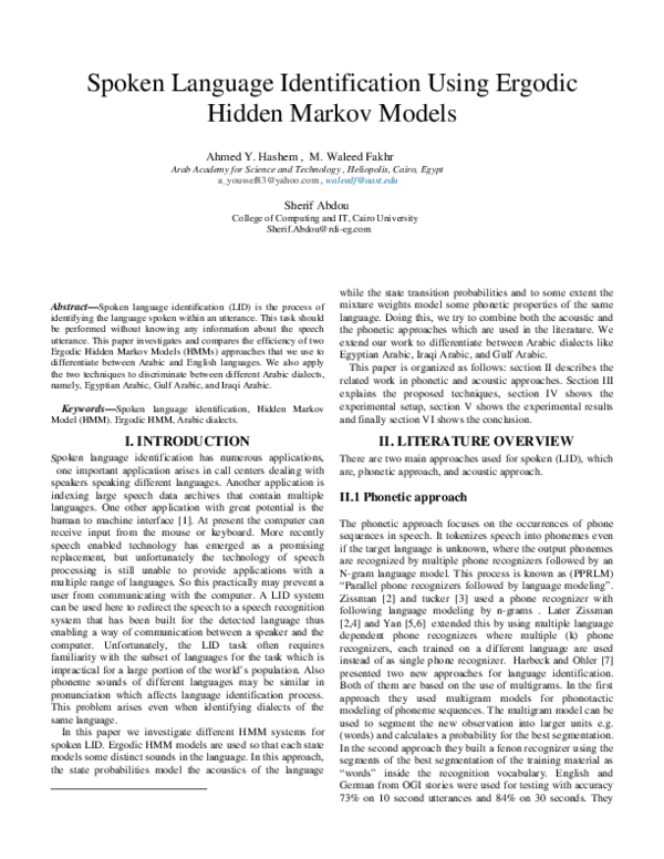 (PDF) Spoken Language Identification Using Ergodic Hidden Markov Models
