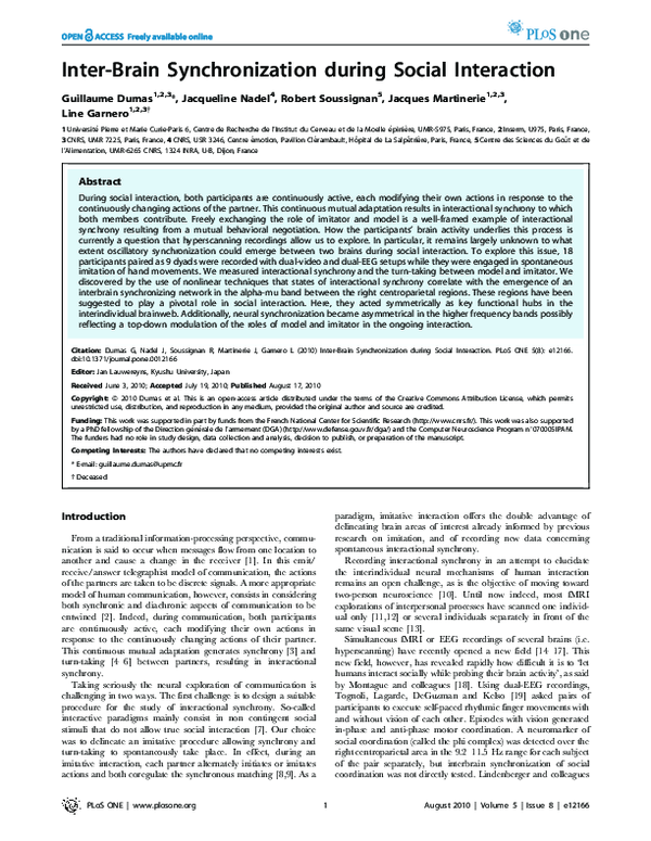 (PDF) Inter-Brain Synchronization during Social Interaction
