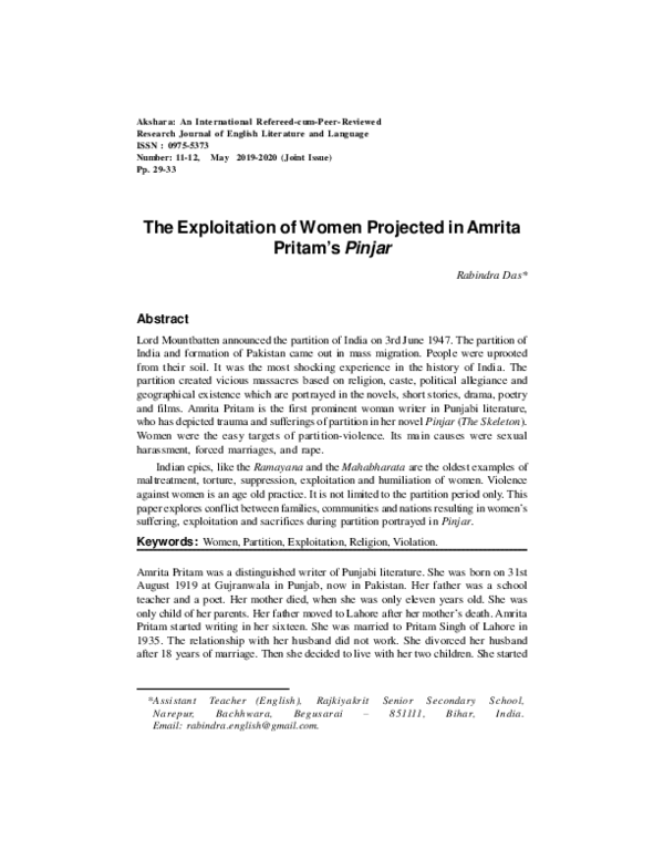 (PDF) The Exploitation of Women Projected in Amrita Pritam's Pinjar by ...