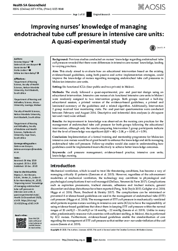 (PDF) Improving nurses’ knowledge of managing endotracheal tube cuff ...