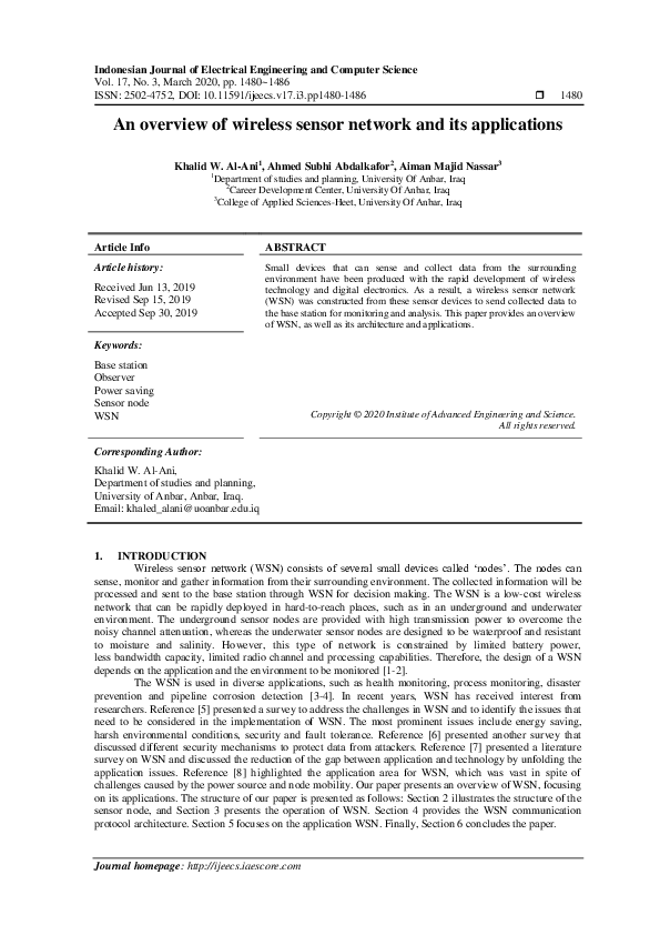 (PDF) An overview of wireless sensor network and its applications
