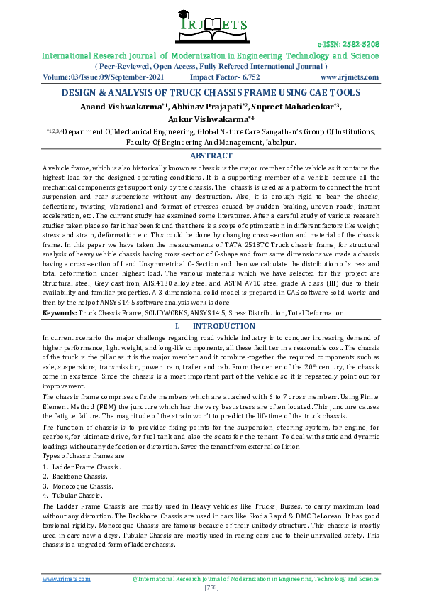 (PDF) DESIGN & ANALYSIS OF TRUCK CHASSIS FRAME USING CAE TOOLS