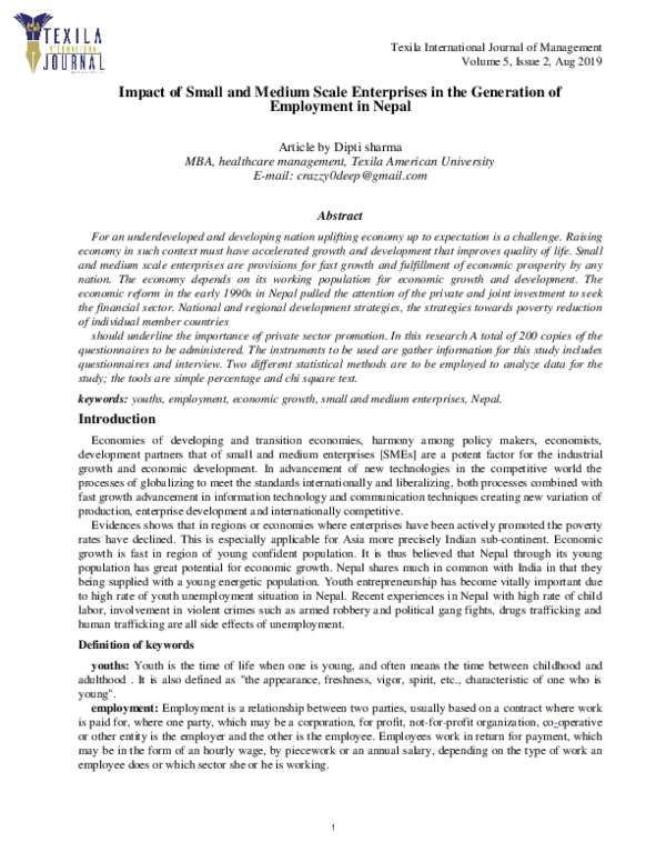 (PDF) Impact of Small and Medium Scale Enterprises in the Generation of ...