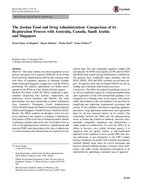 (PDF) The Jordan Food and Drug Administration: Comparison of its ...