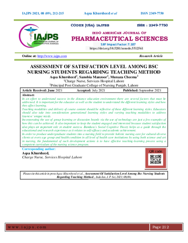 (PDF) ASSESSMENT OF SATISFACTION LEVEL AMONG BSC NURSING STUDENTS ...