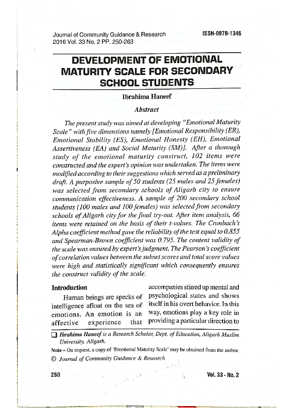 (PDF) DEVELOPMENT OF EMOTIONAL MATURITY SCALE FOR SECONDARY SCHOOL STUDENTS