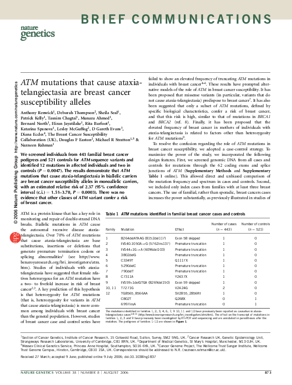 (PDF) ATM mutations that cause ataxia- telangiectasia are breast cancer ...