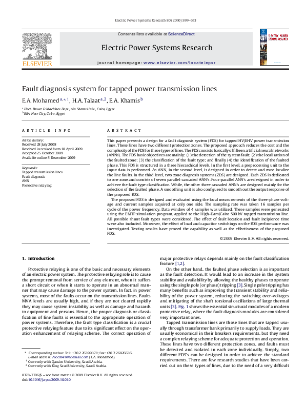 (PDF) Fault diagnosis system for tapped power transmission lines