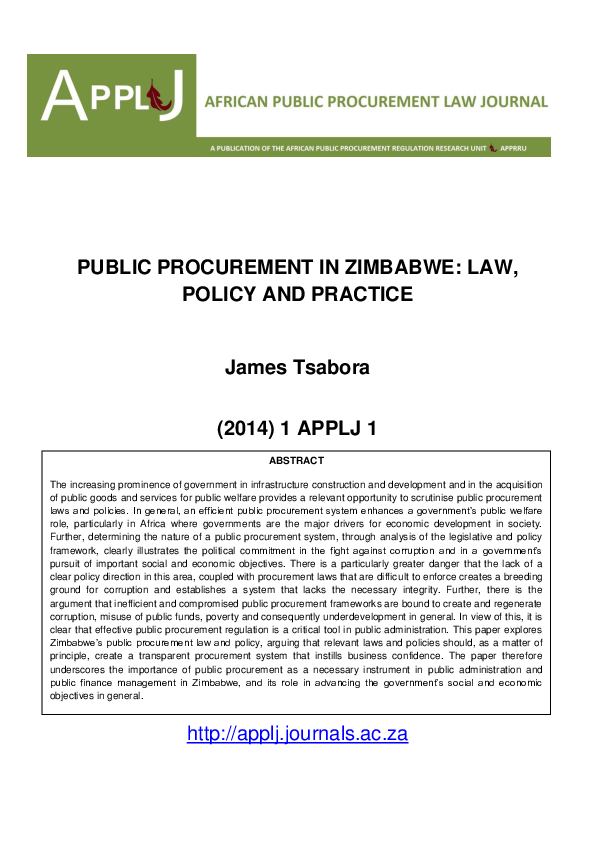 (PDF) Public Procurement in Zimbabwe: Law, Policy and Practice