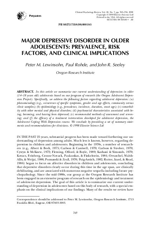 (PDF) Major depressive disorder in older adolescentsPrevalence, risk ...