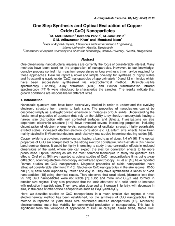 (PDF) One Step Synthesis and Optical Evaluation of Copper Oxide (CuO ...