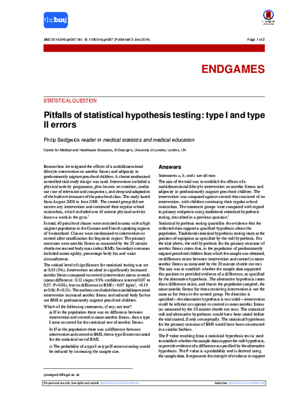 (PDF) Pitfalls of statistical hypothesis testing: type I and type II errors