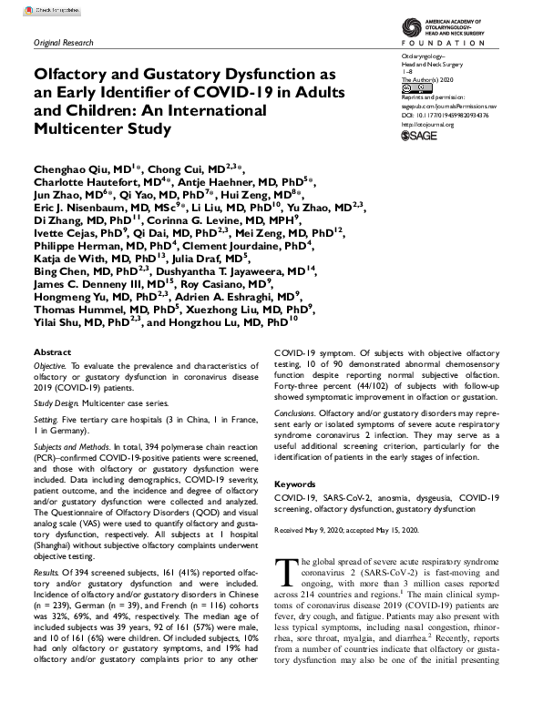 (PDF) Olfactory and Gustatory Dysfunction as An Early Identifier of ...
