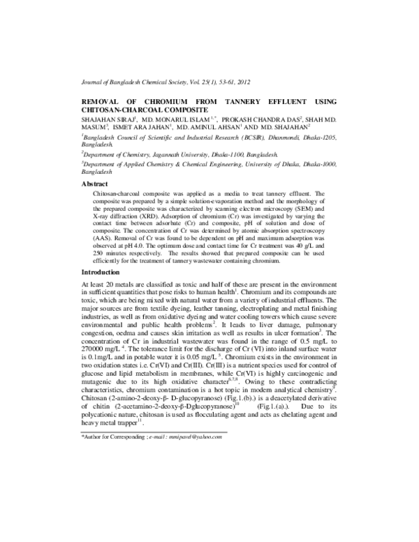 (PDF) Removal of Chromium from Tannery Effluent Using Chitosan-Charcoal ...