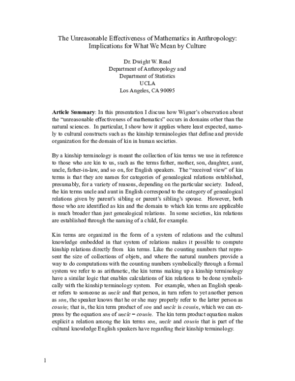 (PDF) The Unreasonable Effectiveness of Mathematics in Anthropology
