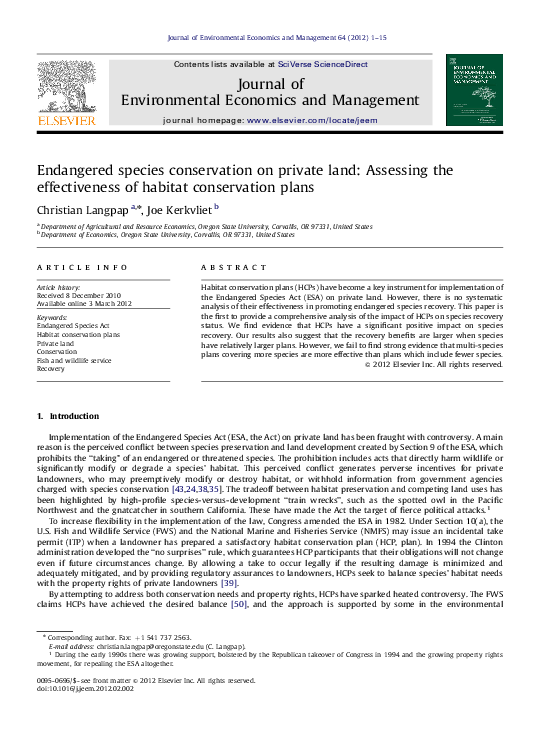 (PDF) Endangered species conservation on private land: Assessing the ...