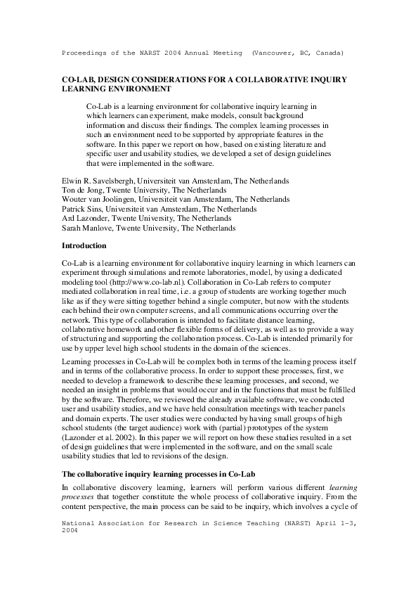 (PDF) Co-Lab, design considerations for a collaborative inquiry ...