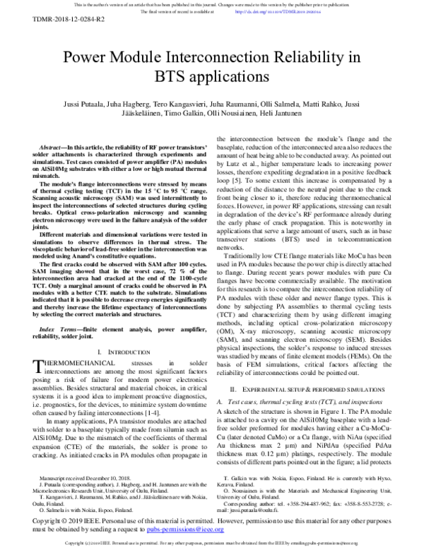 (PDF) Power Module Interconnection Reliability in BTS Applications