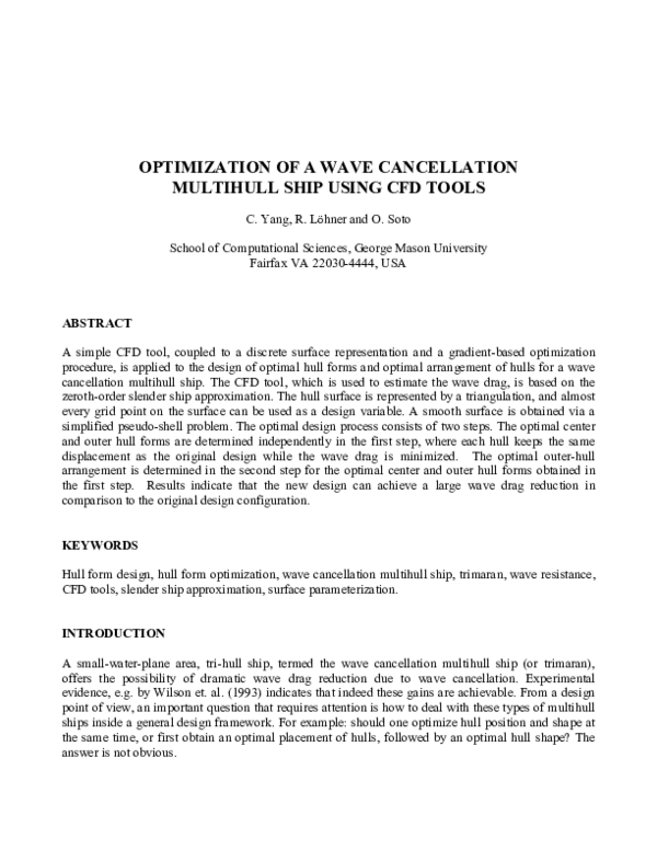(PDF) Optimization of a Wave Cancellation Multihull Ship using CFD Tools