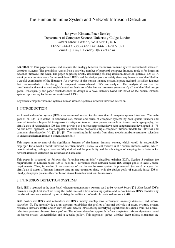 (PDF) The Human Immune System and Network Intrusion Detection