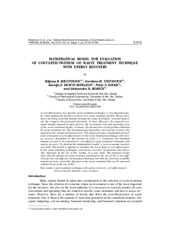 (PDF) Mathematical model for evaluation of cost-effectiveness of waste ...