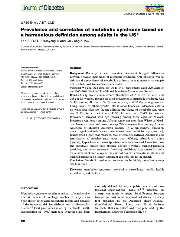(PDF) Prevalence and correlates of metabolic syndrome based on a ...