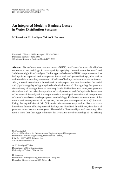 (PDF) An Integrated Model to Evaluate Losses in Water Distribution Systems