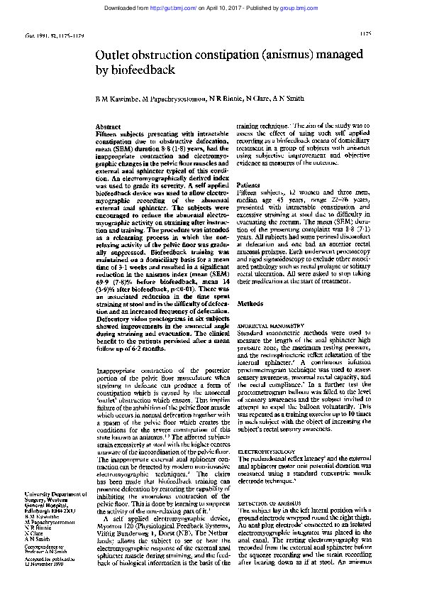 (PDF) Outlet obstruction constipation (anismus) managed by biofeedback